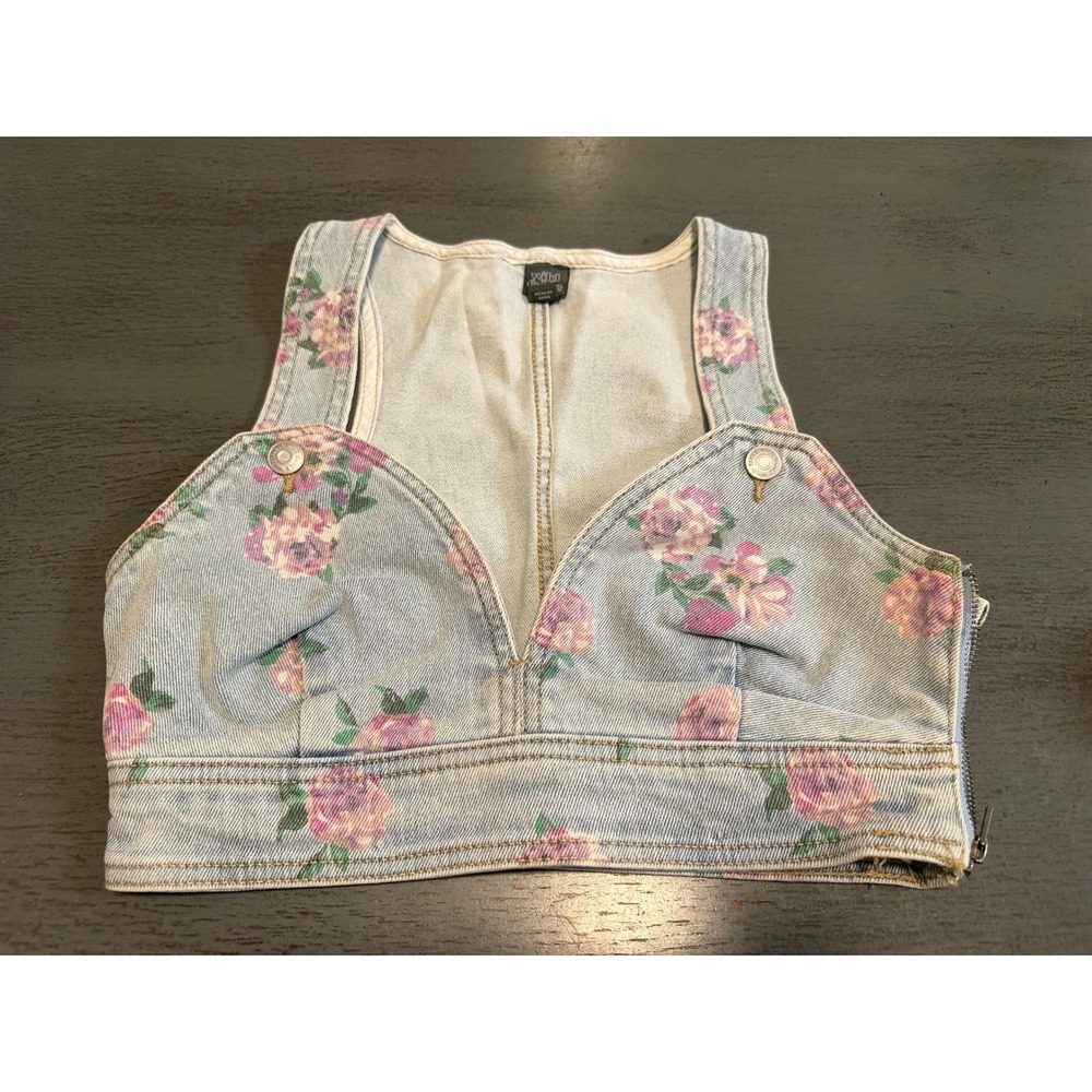 Wild Fable Floral Denim Crop Top XXS Blue Pink Rose Bustier Tank Side Zip